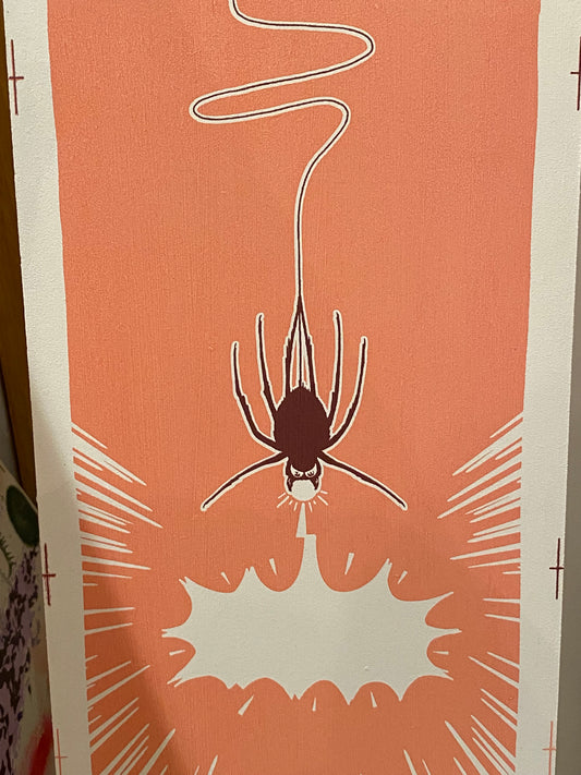 Screen printed mdf board with spider bungee jumping screen