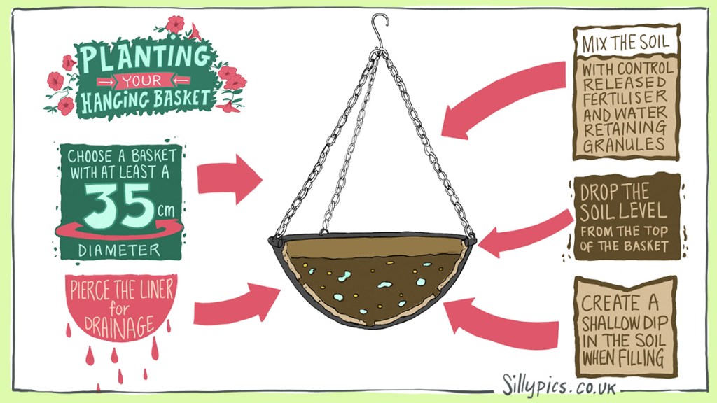 A cross section of a hanging basket. Arows pointing to the relevant parts with suggestions 1. select a basket with a diameter of 35cm or more 2. pierece the liner for drainage 3. Mix your container soil with slow release fetiliser and water retaining gel – follow the quantity on the nmanufacturers instructions 4.Drop the soil level so the when watering  it doesn't simply roll off the top of the basket 5. addd a dip, so theat the water flows into the basket, and again not staright out of the sides