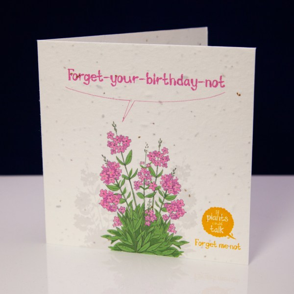 seed paper greeting card 'if plants could talk' showing a forget-me-not plant of saying, " Forget-your-birthday-not"
